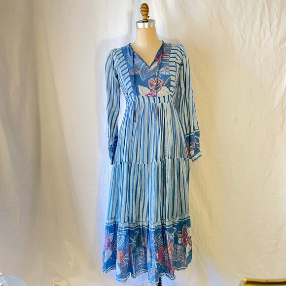 Rare 70s Cotton Gauze Made In India Floral Stripe Dress Sz S Please Read Descrip - Picture 2 of 16